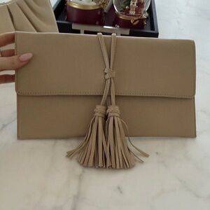 Lulu Tan Clutch with Tassel and detachable gold chain